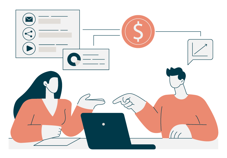 Illustration of two people at a laptop reviewing marketing icons, including email, share, and analytics symbols.