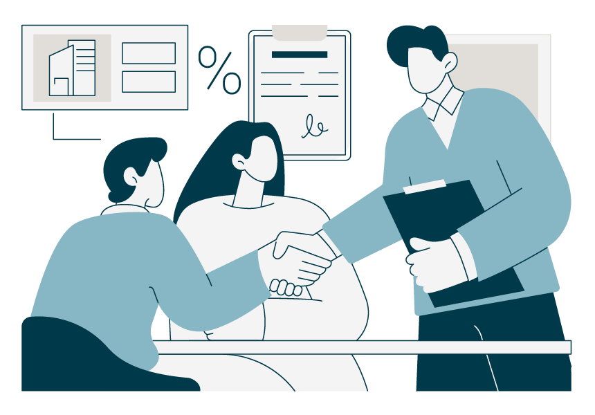 Illustration of two people shaking hands across a table, with percentage and financial document icons in the background.