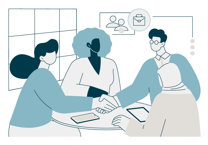Illustration of three people seated together reviewing documents, with chat and notification icons above them.