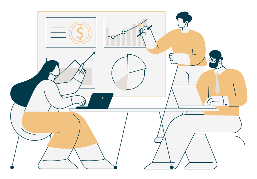Illustration of people standing at a presentation board with a pie chart and bar graph, discussing growth strategy.