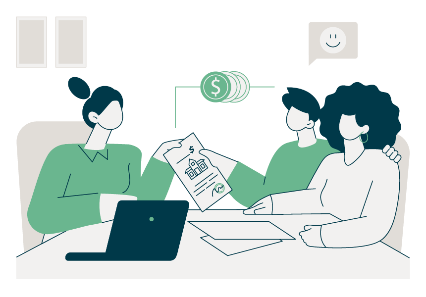Illustration of people at a table reviewing financial charts and documents, with a dollar sign and chat icon nearby.